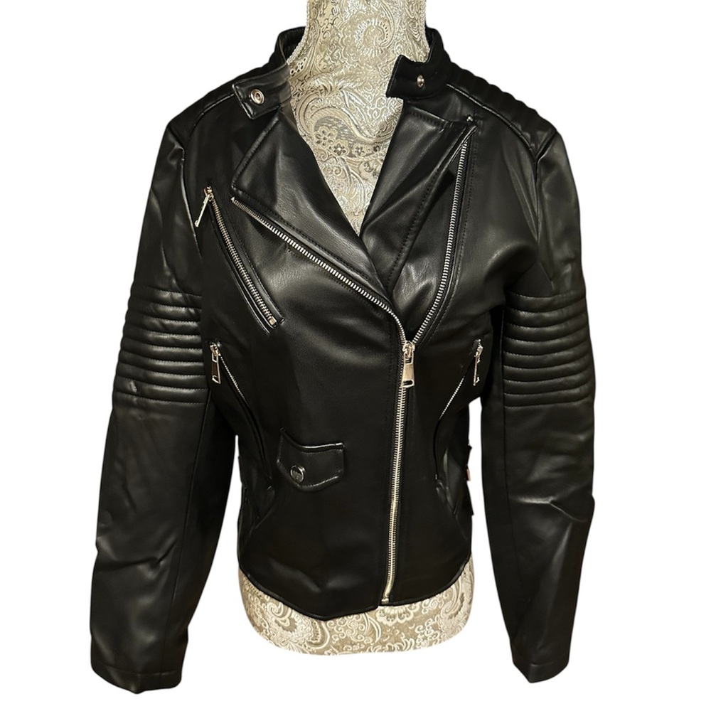 Zara Black Leather Moto Jacket Biker Festival Goth Grunge Rave Concert Size XL - Picture 2 of 9